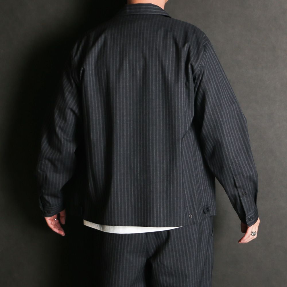 【ラスト1点-サイズ2】DOUBLE POCKET OPEN COLLAR SHIRT - GRAY STRIPE / 2/72 ウールトロピカルワッシャー - ダブルポケット オープンカラーシャツ / M26A11SH01C
