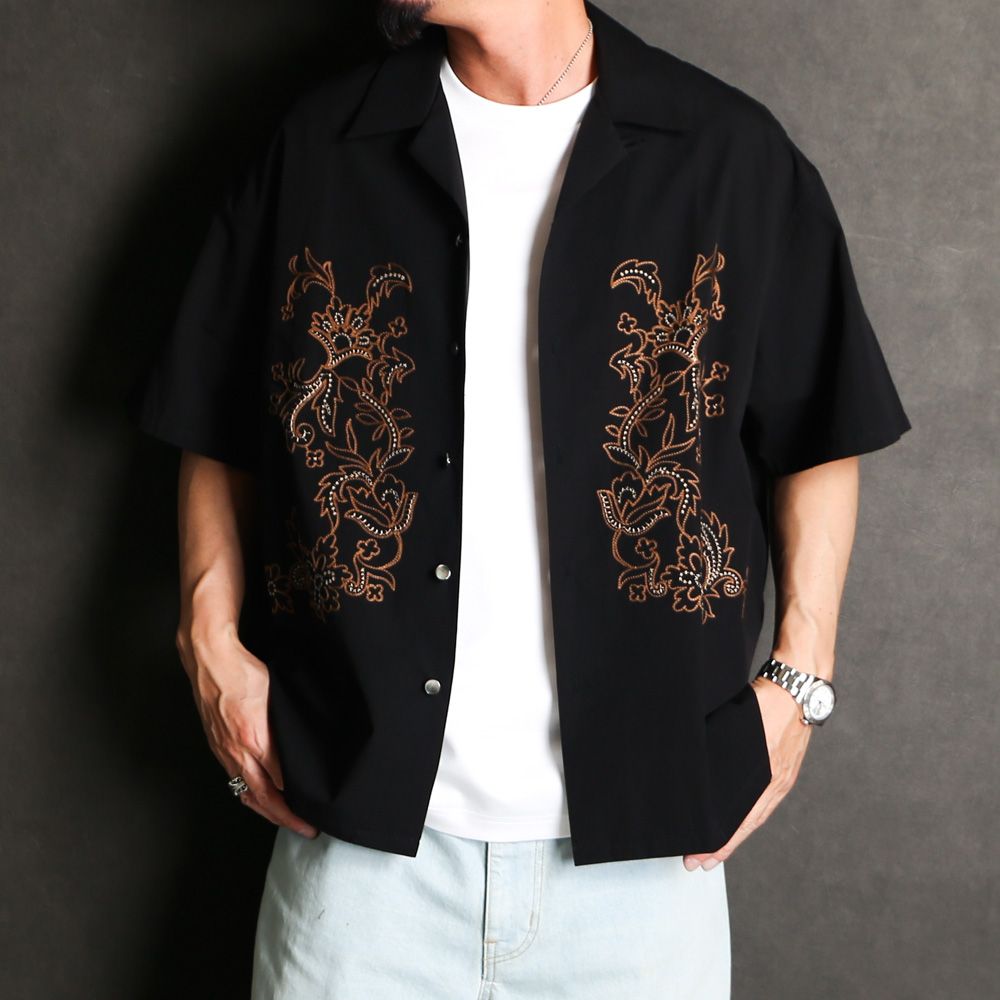 【ラスト1点-サイズS】 Aloha shirt - Flower chain embroidery / アロハシャツ - フラワー チェーン エンブロイダリー / SN-572A