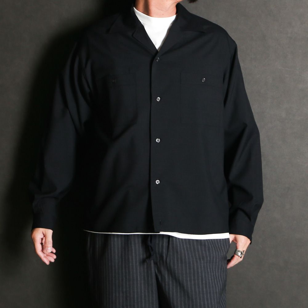 DOUBLE POCKET OPEN COLLAR SHIRT - CHAMBRAY BLACK / 2/72 ウールトロピカルワッシャー - ダブルポケット オープンカラーシャツ / M26A11SH01C