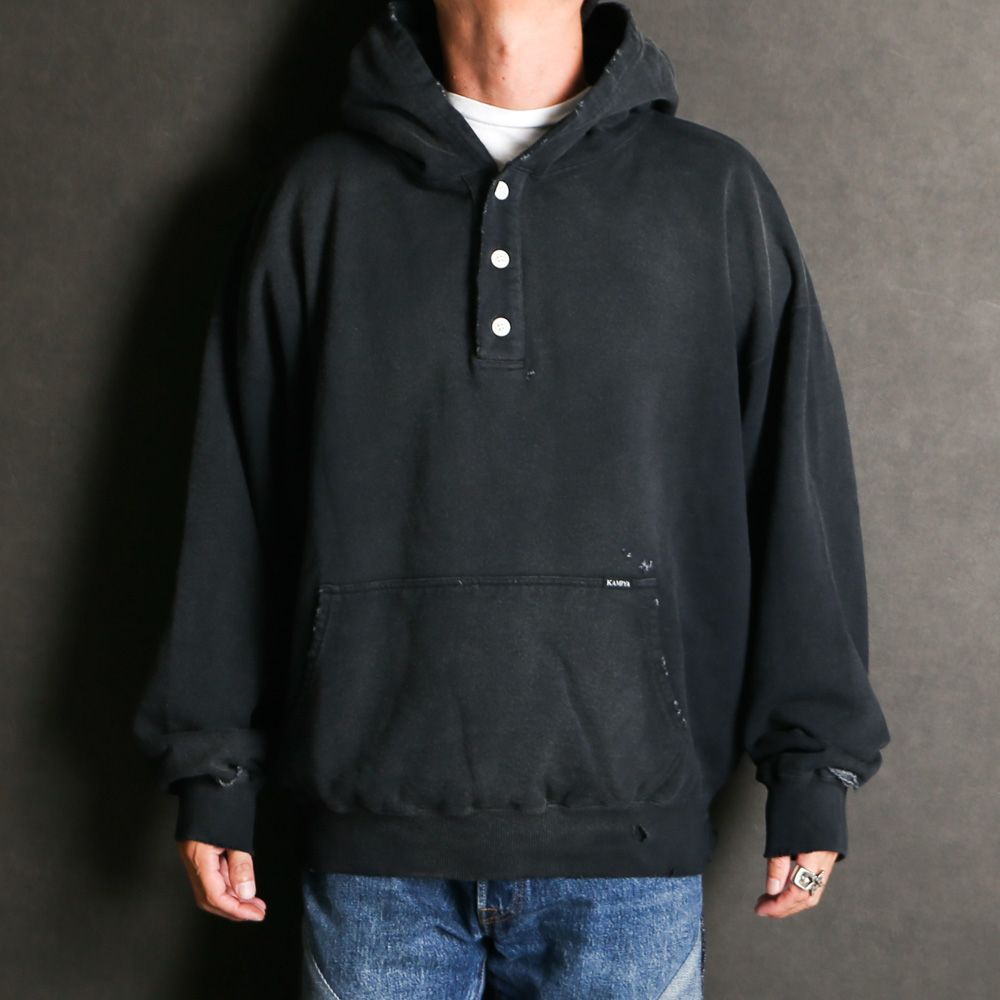 Distressed Henry Neck Hoodie - BLACK / ヘンリーネック フーディー / G15HD077