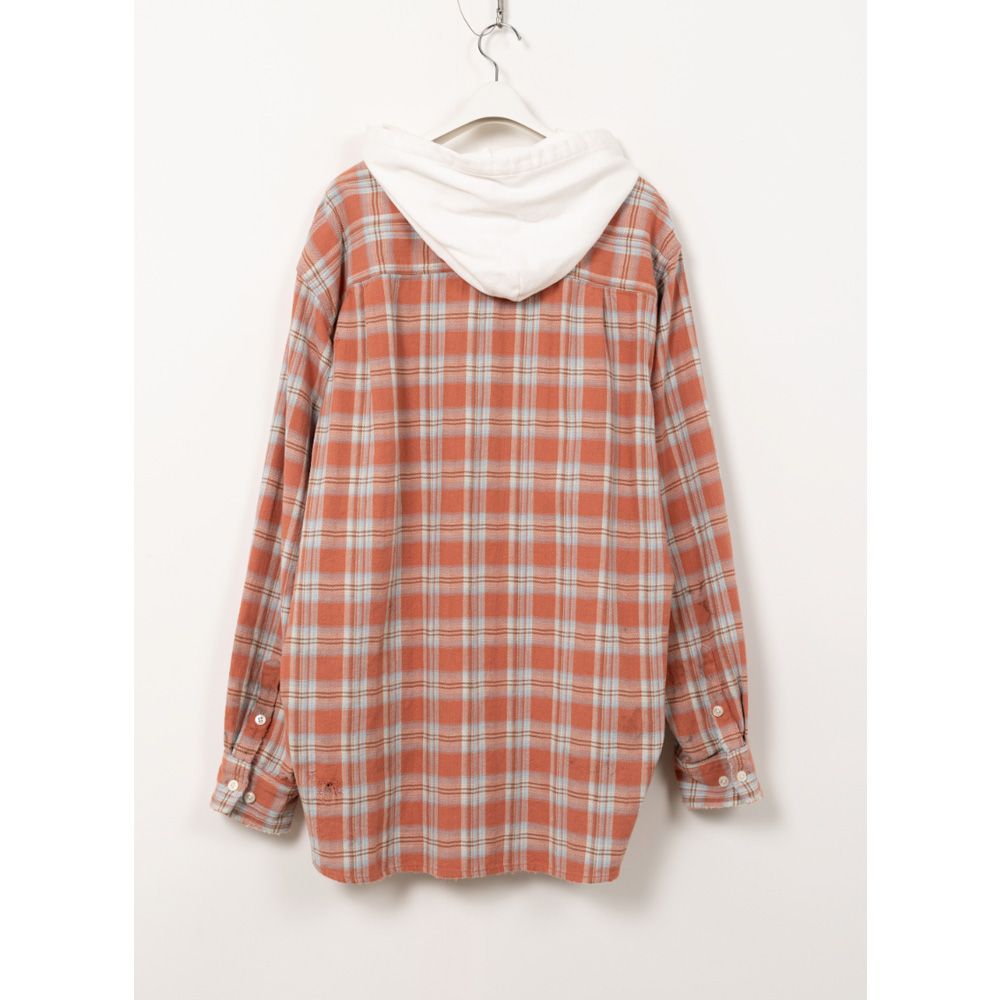 トップス KAMIYA Hooded Check Shirt RED M KAMIYA - Distressed Check Shirt Hoodie - RED / フーデッド