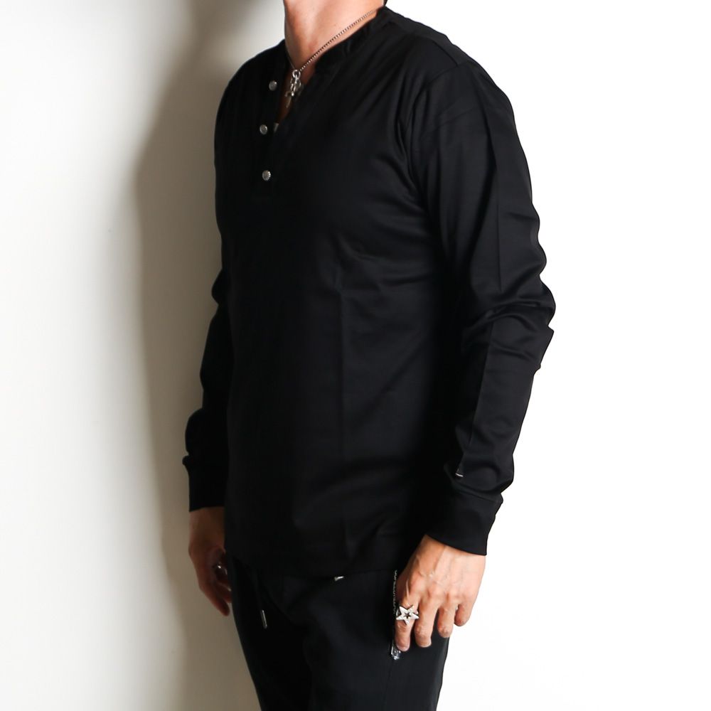 HENLEY NECK SUPER MERCERIZED LONG SLEEVE T-SHIRT - BLACK / ダブルシルケット ヘンリーネック ロングスリーブTシャツ / UST-24058