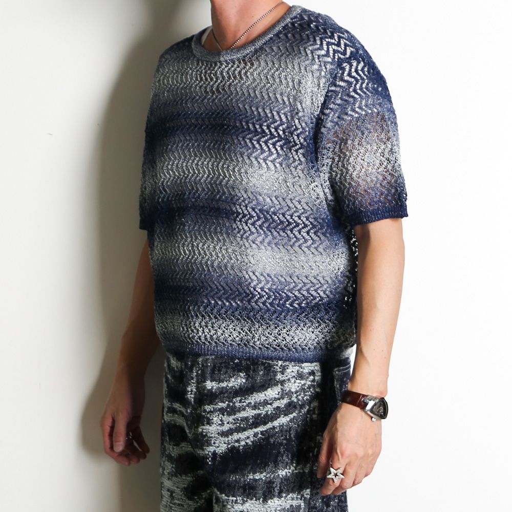 "Gradient-Striped Sheer Knit" Short Sleeve Knit - Navy / グラデーション ニットトップ / TA26SS-KN047