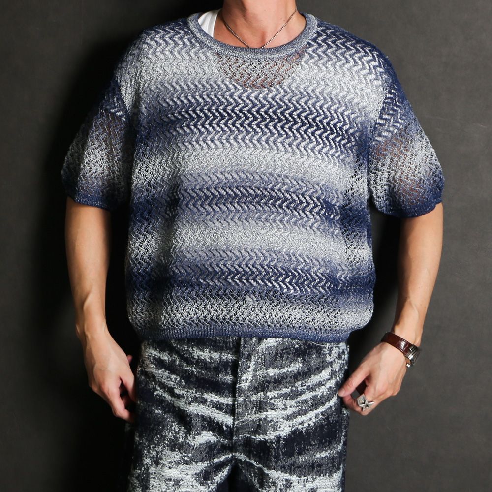"Gradient-Striped Sheer Knit" Short Sleeve Knit - Navy / グラデーション ニットトップ / TA26SS-KN047