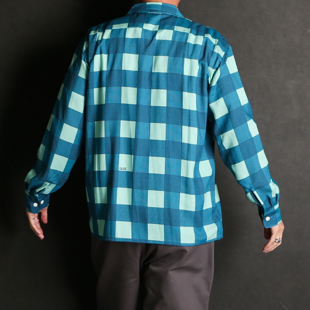 CALEE - RAYON CHECK OPEN COLLAR L/S SH - TURQUOISE / オープン 