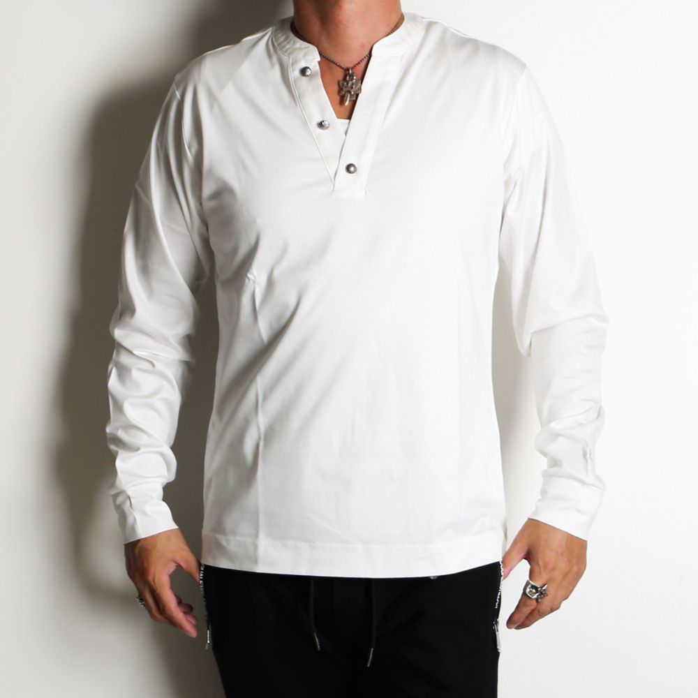 HENLEY NECK SUPER MERCERIZED LONG SLEEVE T-SHIRT - WHITE / ダブルシルケット ヘンリーネック ロングスリーブTシャツ / UST-24058