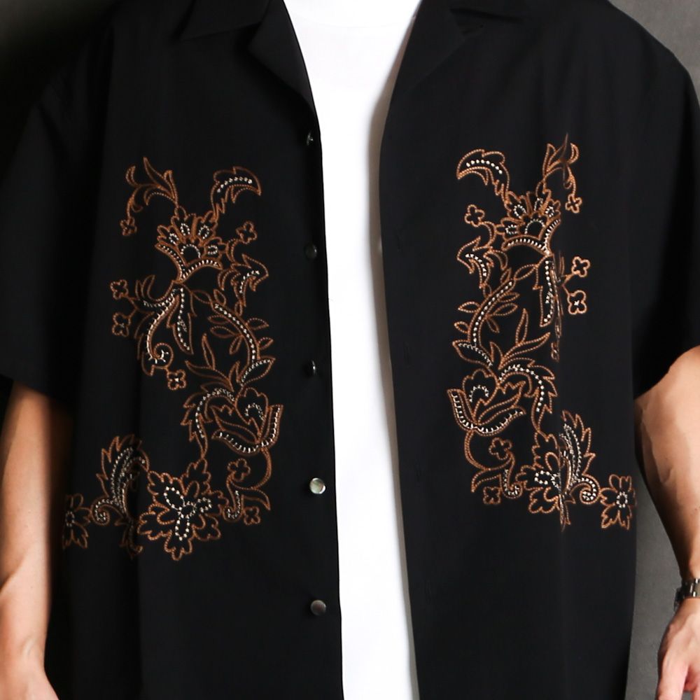 【ラスト1点-サイズS】 Aloha shirt - Flower chain embroidery / アロハシャツ - フラワー チェーン エンブロイダリー / SN-572A