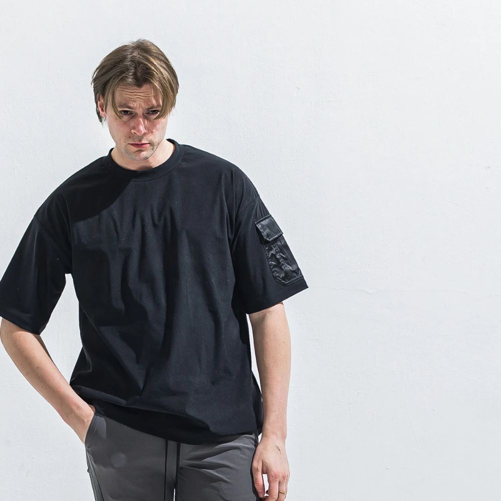 MILITARY NYLON OVER TEE - BLACK / ナイロンポケットビッグTシャツ / RC40-T-008