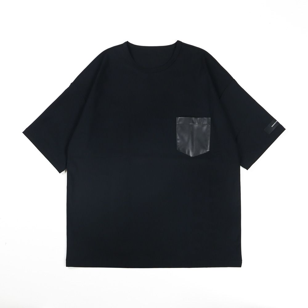 leather pocket overnylon T - BLACK / エコレザーポケット ルーズTシャツ / RC35-T-005