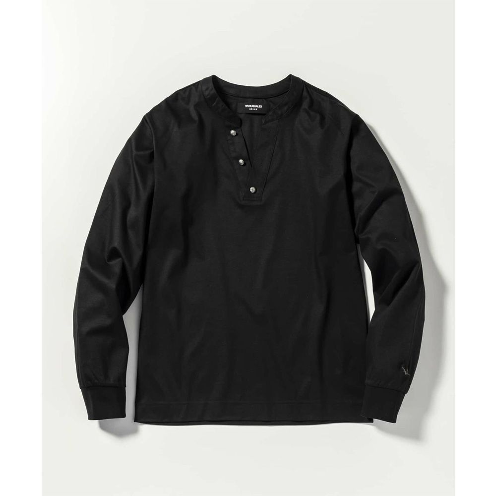 HENLEY NECK SUPER MERCERIZED LONG SLEEVE T-SHIRT - BLACK / ダブルシルケット ヘンリーネック ロングスリーブTシャツ / UST-24058