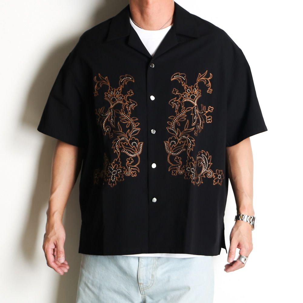 【ラスト1点-サイズS】 Aloha shirt - Flower chain embroidery / アロハシャツ - フラワー チェーン エンブロイダリー / SN-572A