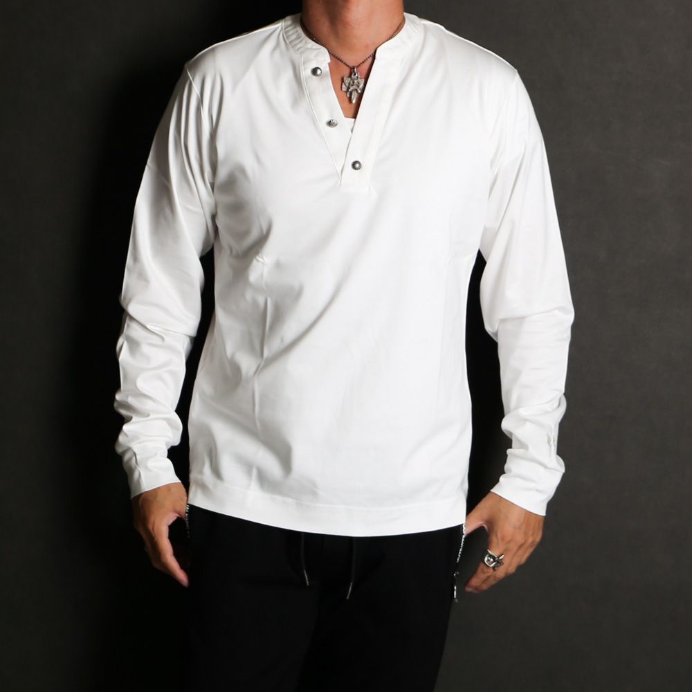 HENLEY NECK SUPER MERCERIZED LONG SLEEVE T-SHIRT - WHITE / ダブルシルケット ヘンリーネック ロングスリーブTシャツ / UST-24058