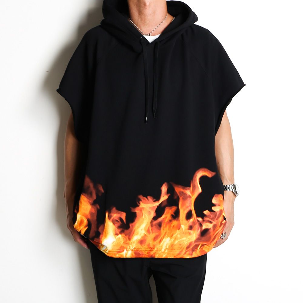 Fire Pattern Cutoff Sleeve Big Hoodie / 2308-6004