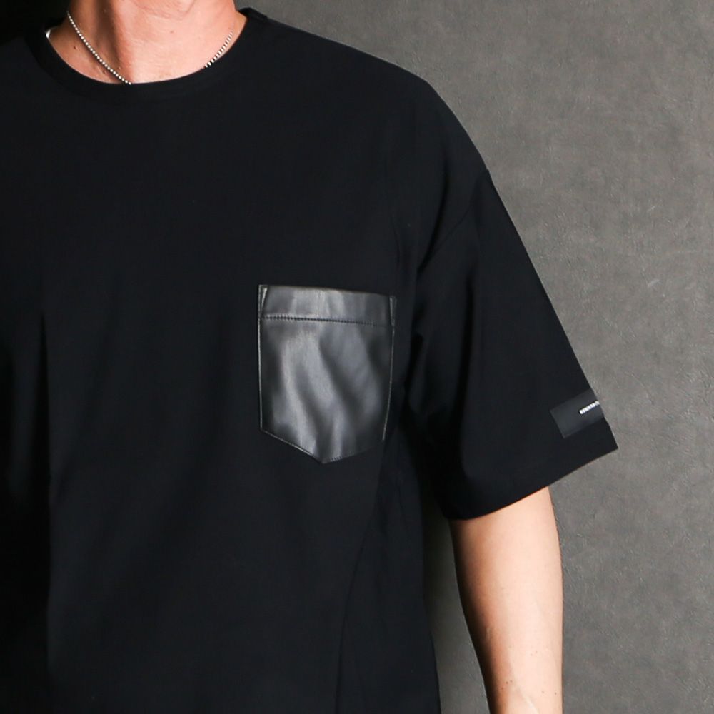 leather pocket overnylon T - BLACK / エコレザーポケット ルーズTシャツ / RC35-T-005