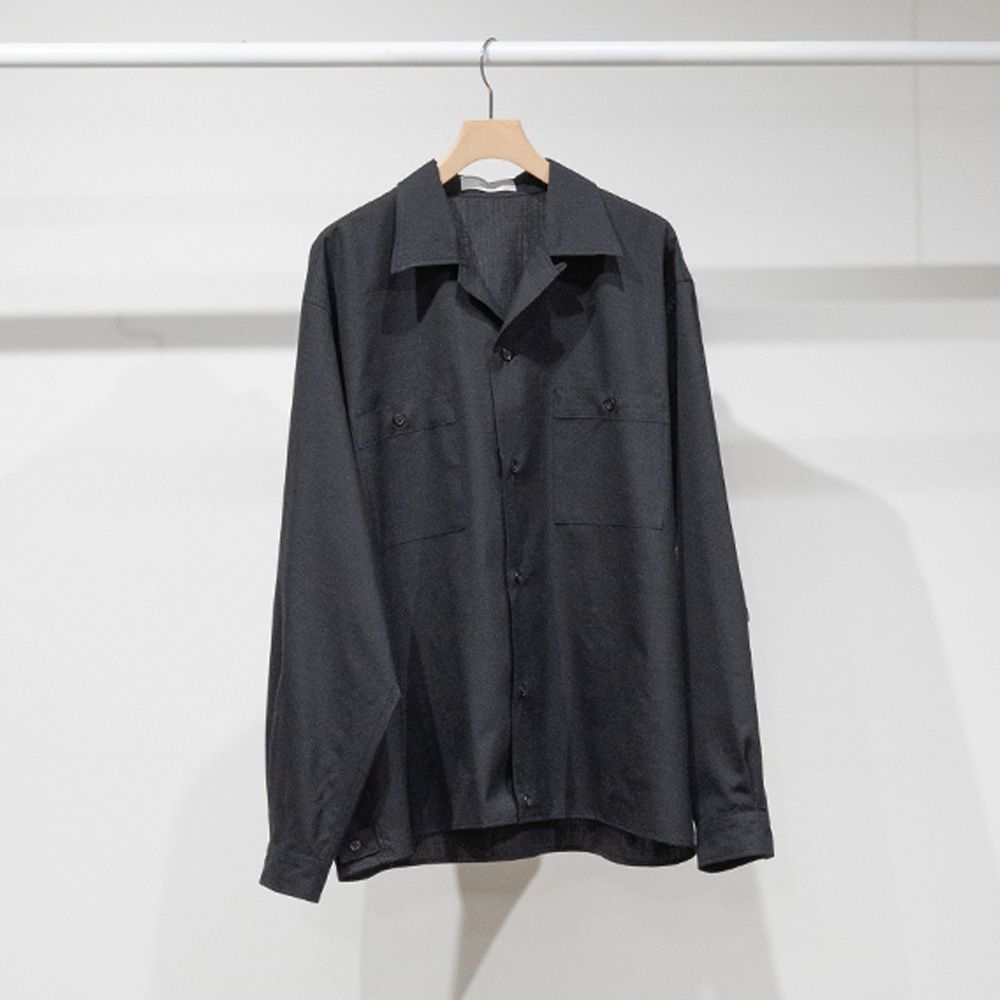 DOUBLE POCKET OPEN COLLAR SHIRT - CHAMBRAY BLACK / 2/72 ウールトロピカルワッシャー - ダブルポケット オープンカラーシャツ / M26A11SH01C