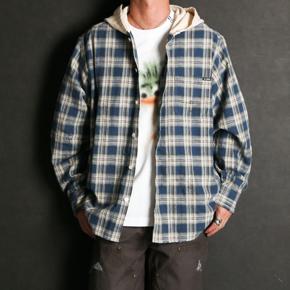 KAMIYA - Distressed Check Shirt Hoodie - RED / フーデッド