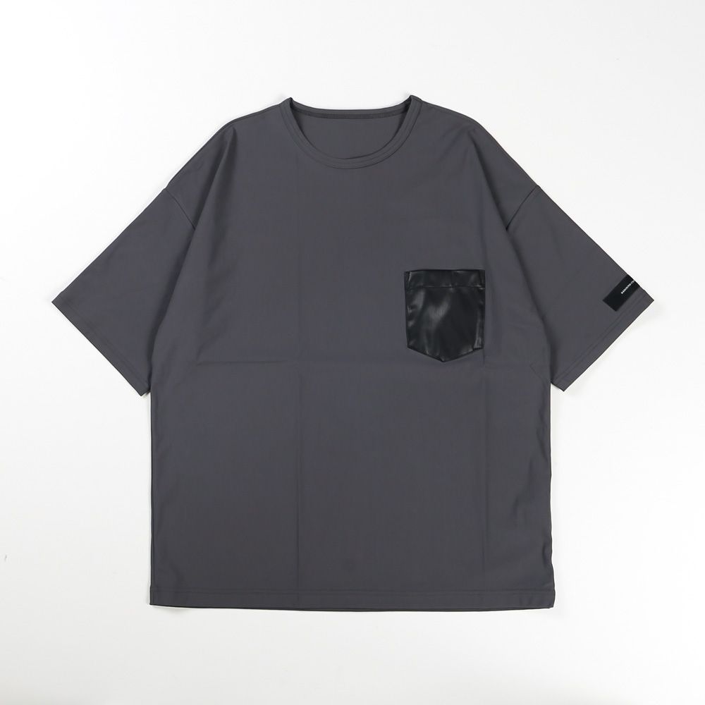【ラスト1点-サイズ1】leather pocket overnylon T - GREY / エコレザーポケット ルーズTシャツ / RC35-T-005