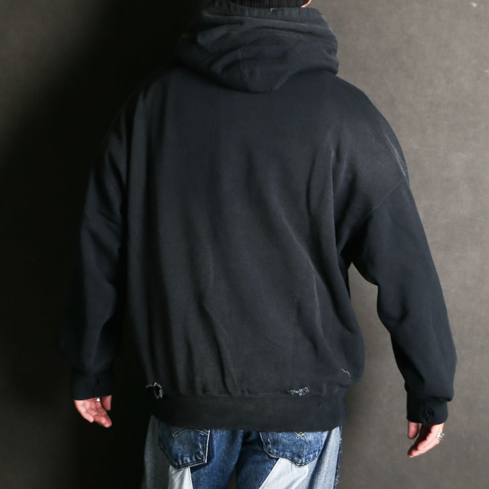 Distressed Henry Neck Hoodie - BLACK / ヘンリーネック フーディー / G15HD077