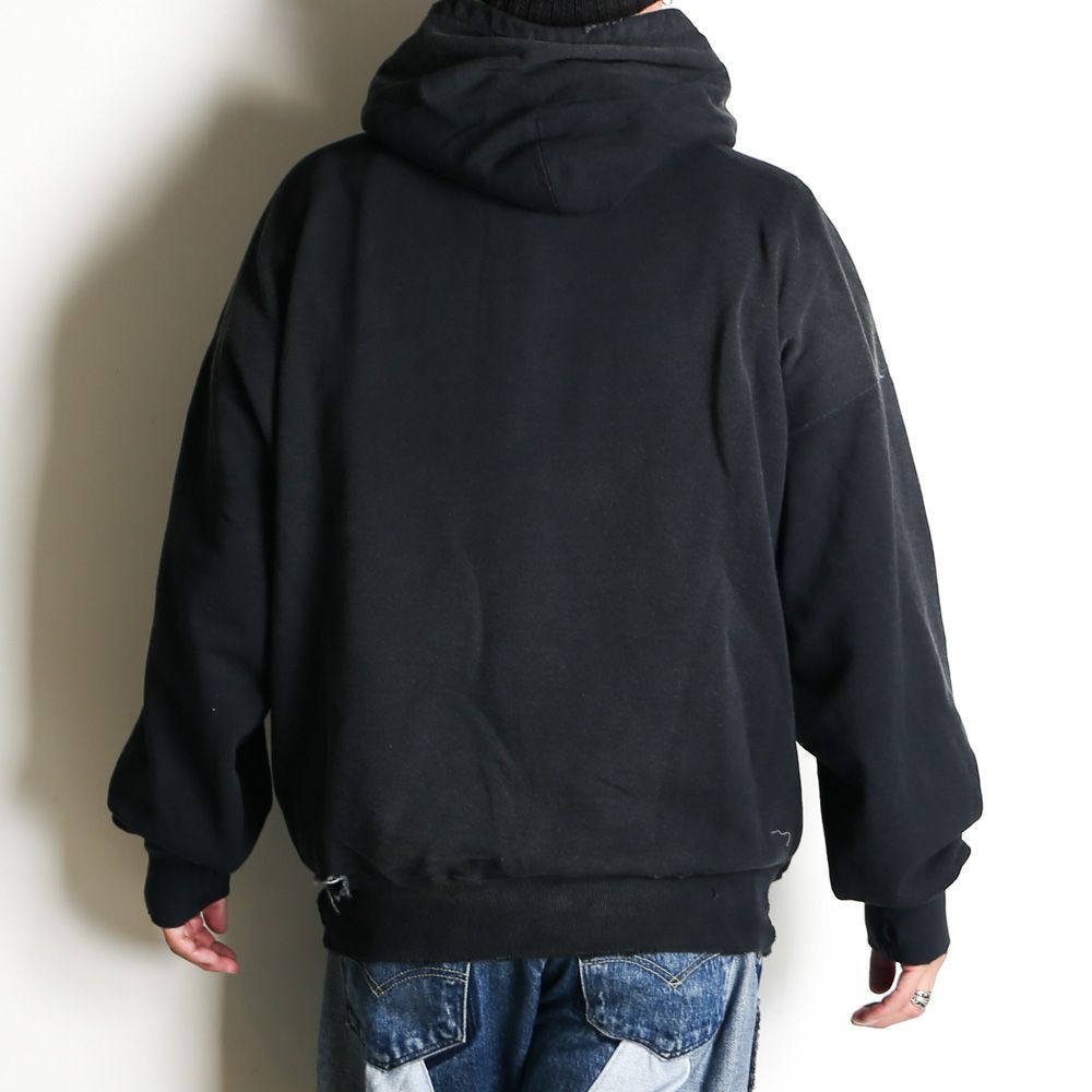 Distressed Henry Neck Hoodie - BLACK / ヘンリーネック フーディー / G15HD077