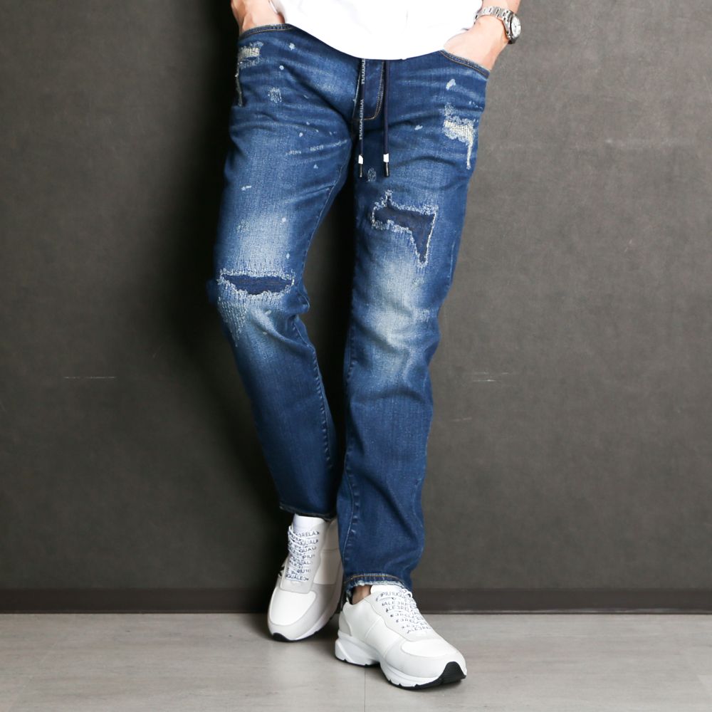 1PIU1UGUALE3 RELAX - INDIGO DAMAGE DENIM PANTS / アンクル ダメージ