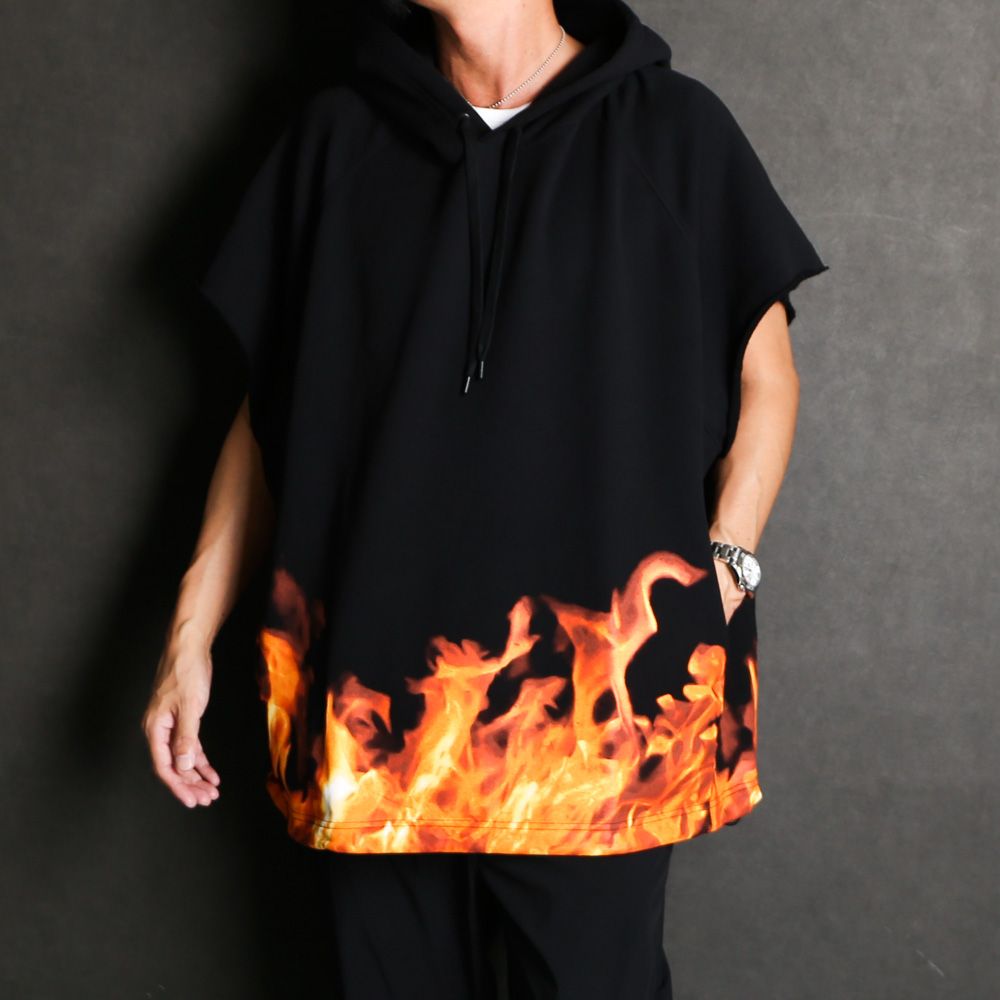 Fire Pattern Cutoff Sleeve Big Hoodie / 2308-6004