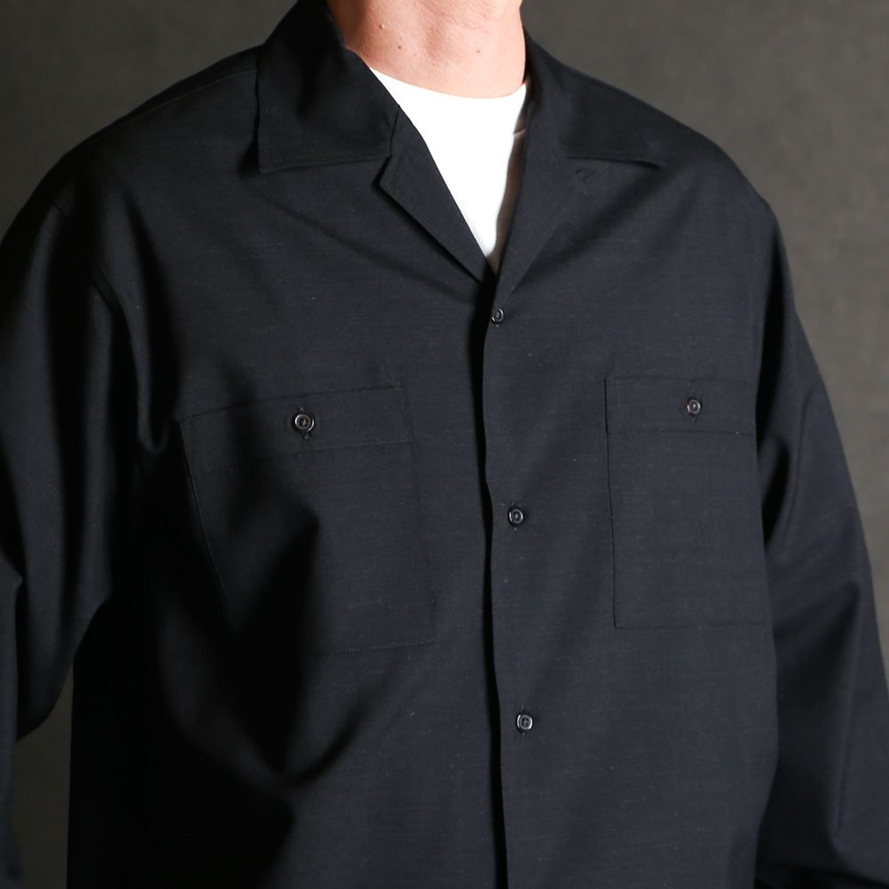 DOUBLE POCKET OPEN COLLAR SHIRT - CHAMBRAY BLACK / 2/72 ウールトロピカルワッシャー - ダブルポケット オープンカラーシャツ / M26A11SH01C
