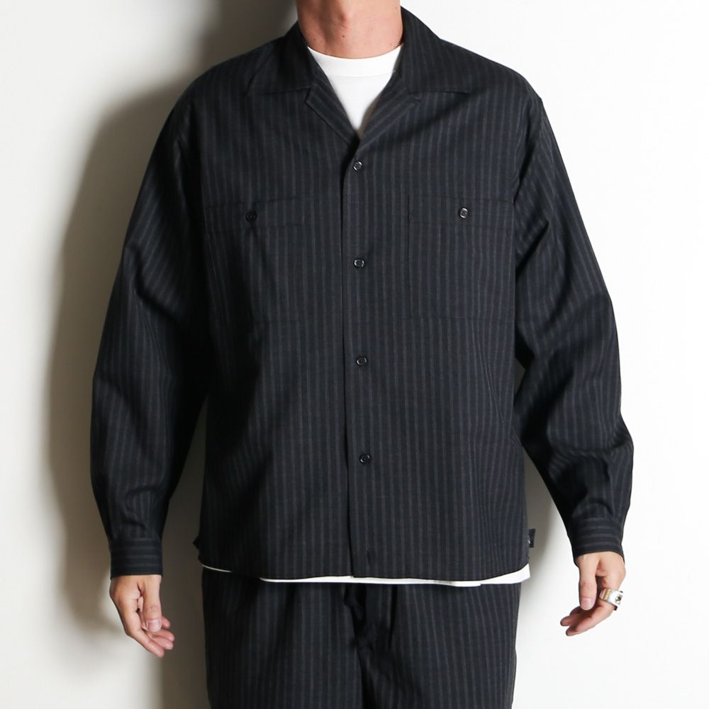 【ラスト1点-サイズ2】DOUBLE POCKET OPEN COLLAR SHIRT - GRAY STRIPE / 2/72 ウールトロピカルワッシャー - ダブルポケット オープンカラーシャツ / M26A11SH01C