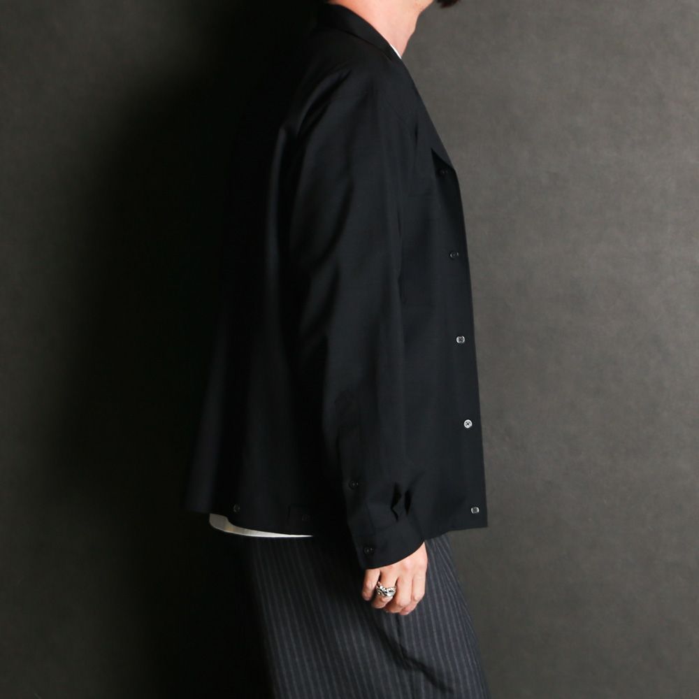 DOUBLE POCKET OPEN COLLAR SHIRT - CHAMBRAY BLACK / 2/72 ウールトロピカルワッシャー - ダブルポケット オープンカラーシャツ / M26A11SH01C