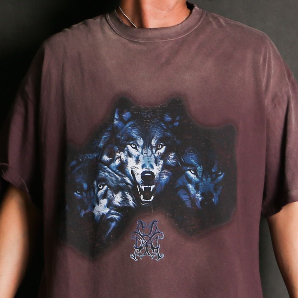 KAMIYA KMY-WOLF DISTRESSED Tシャツ プリント 半袖 KAMIYA “KMY-WOLF” Distressed Tee （RED） -FASCINATE
