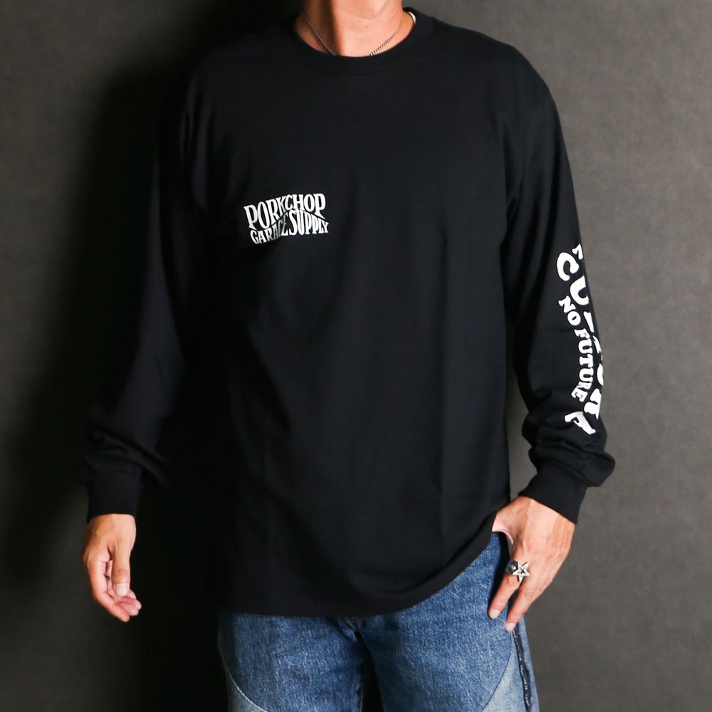 WAVE LOGO L/S TEE - BLACK (ポケット無し) / ロングスリーブTシャツ
