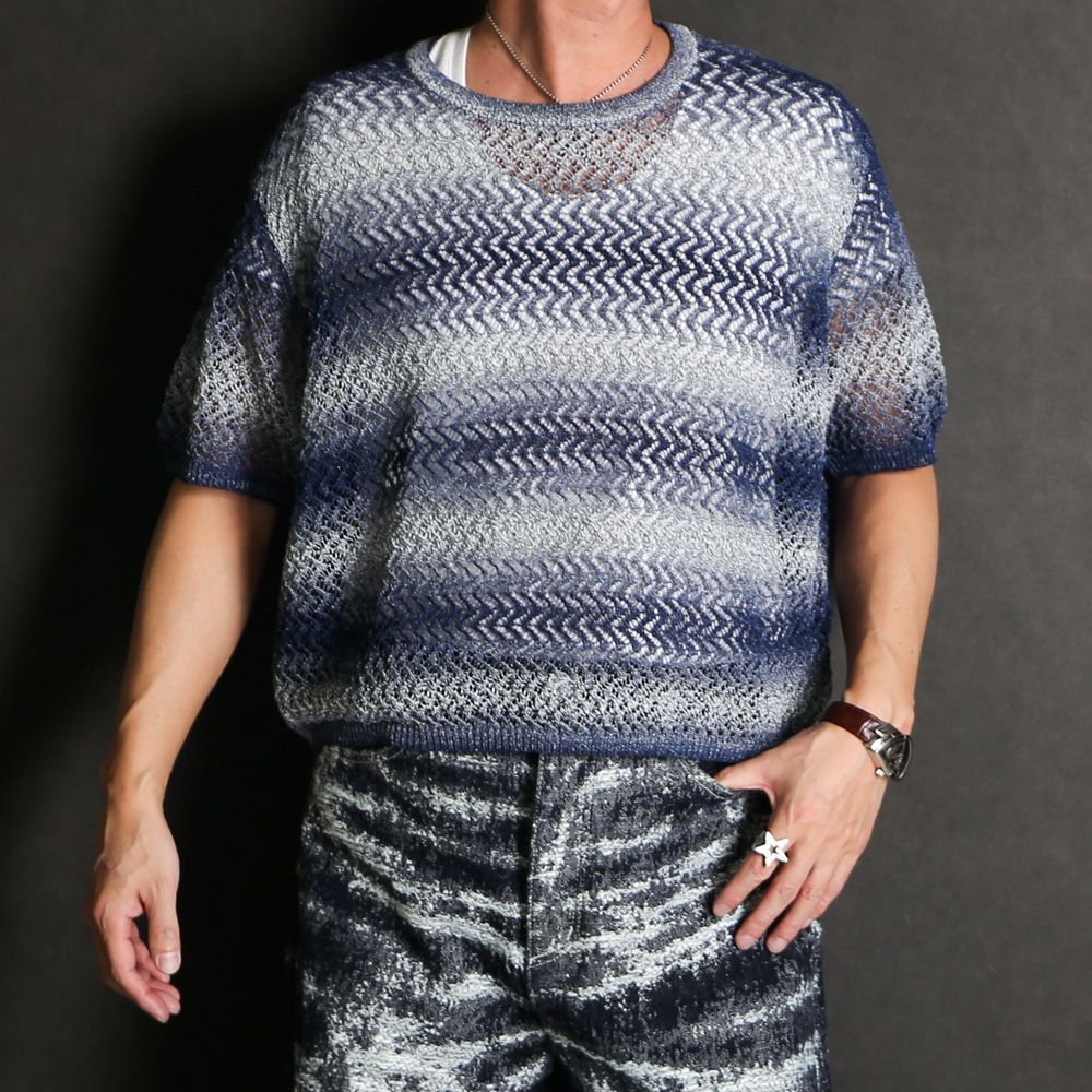 "Gradient-Striped Sheer Knit" Short Sleeve Knit - Navy / グラデーション ニットトップ / TA26SS-KN047