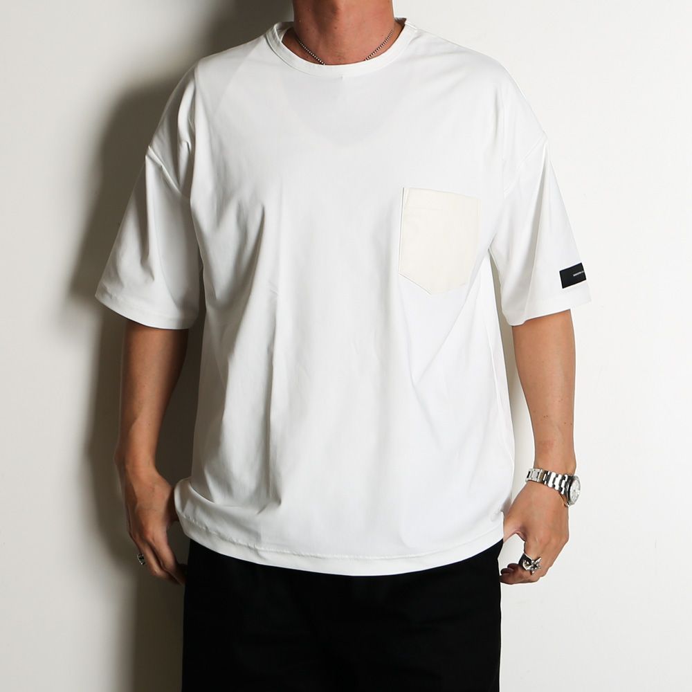 【ラスト1点-サイズ3】 leather pocket overnylon T - WHITE / エコレザーポケット ルーズTシャツ / RC35-T-005