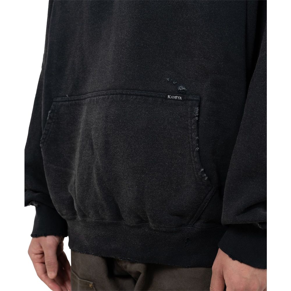 Distressed Henry Neck Hoodie - BLACK / ヘンリーネック フーディー / G15HD077