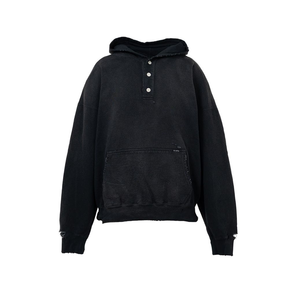Distressed Henry Neck Hoodie - BLACK / ヘンリーネック フーディー / G15HD077
