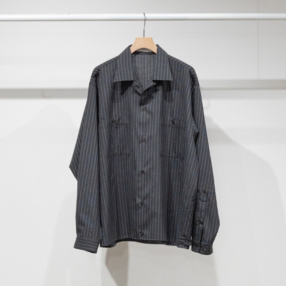 DOUBLE POCKET OPEN COLLAR SHIRT - GRAY STRIPE / 2/72 ウールトロピカルワッシャー - ダブルポケット オープンカラーシャツ / M26A11SH01C