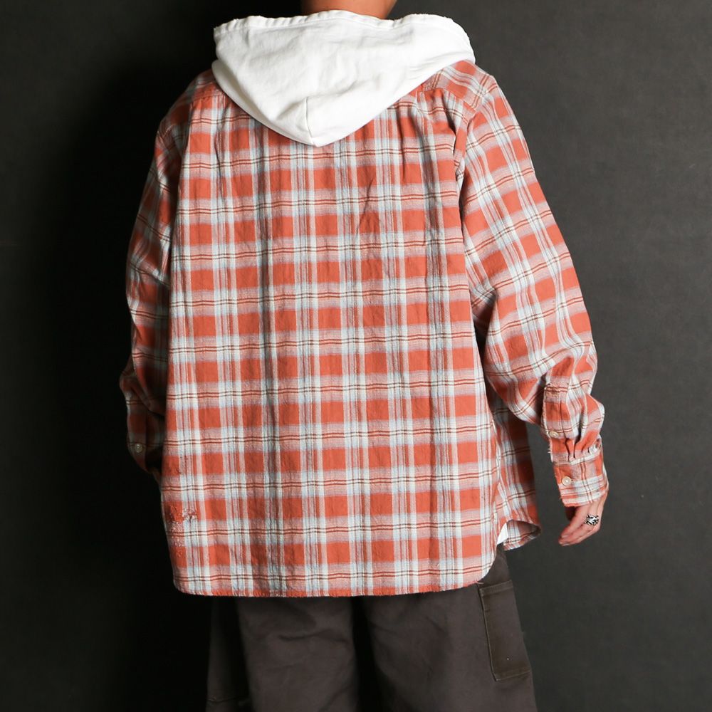 トップス KAMIYA Hooded Check Shirt RED M KAMIYA - Distressed Check Shirt Hoodie - RED / フーデッド