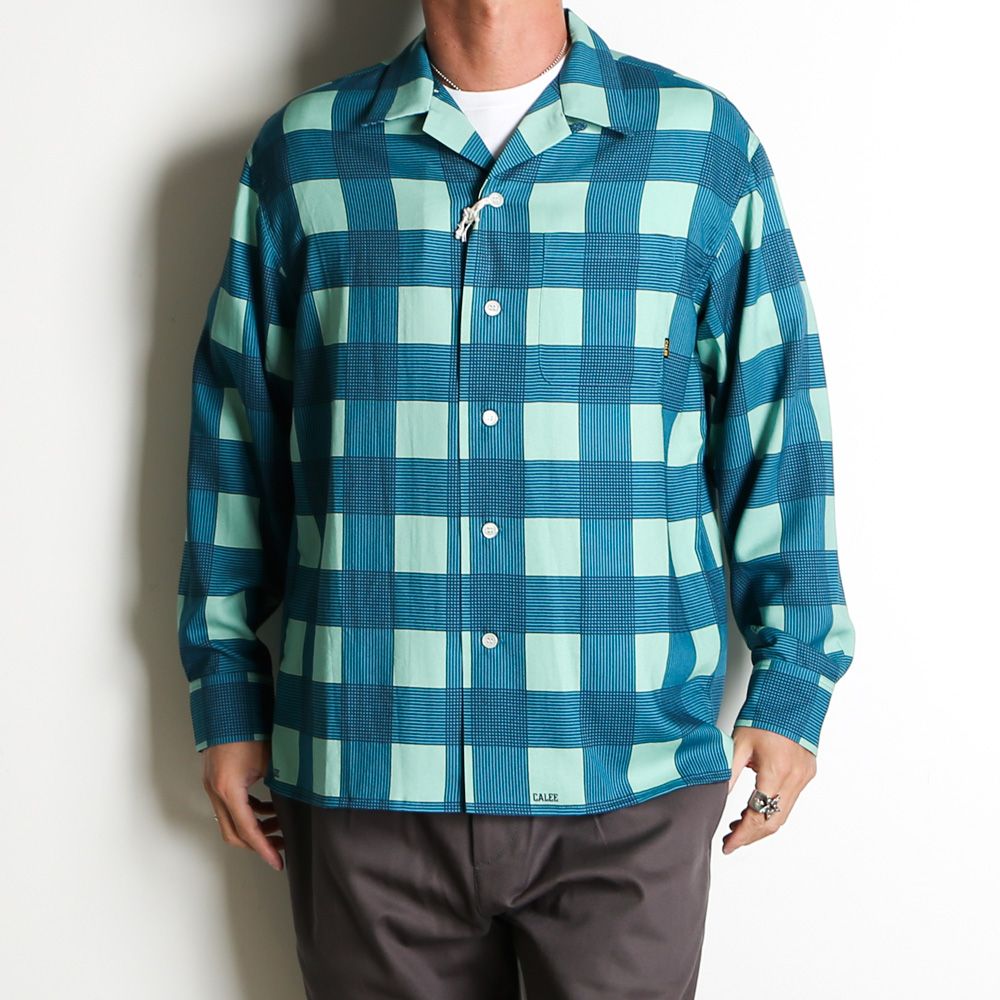 CALEE - RAYON CHECK OPEN COLLAR L/S SH - TURQUOISE / オープン 