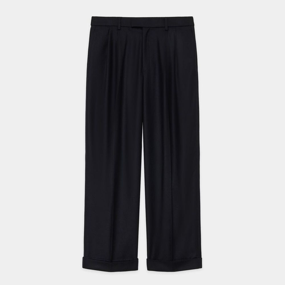 DOUBLE PLEATED WIDE TROUSERS - BLACK / オーガニックウール 2/80 フランネル - ダブルプリーテッドワイドトラウザーズ / A25C15PT02C