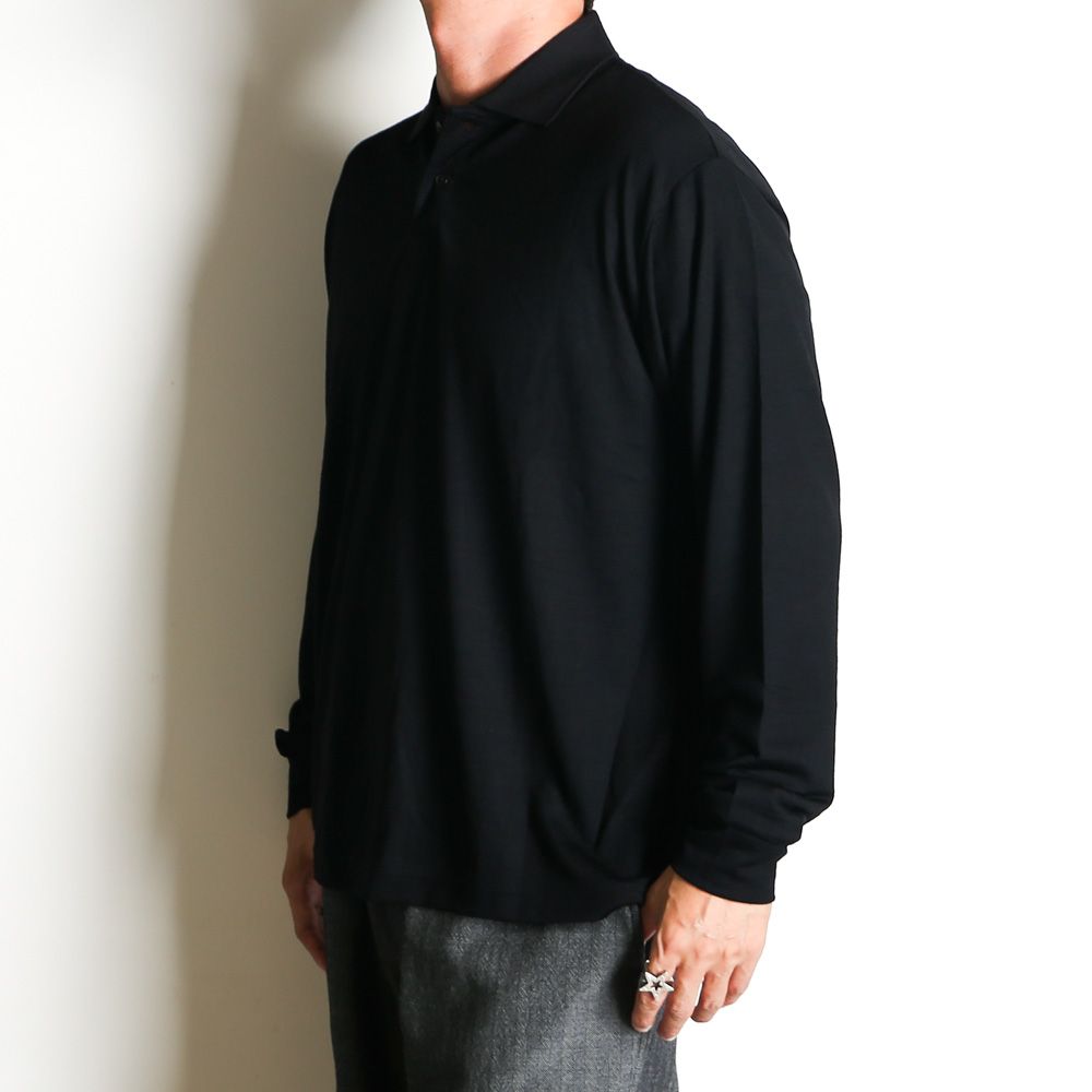 TWO BUTTON POLO L/S TEE - BLACK / ウォッシャブルウール天竺 - 2ボタンポロL/S Tee / M25C21CS03C