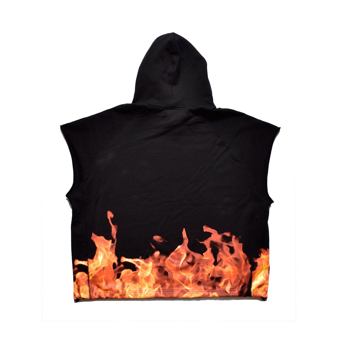 Fire Pattern Cutoff Sleeve Big Hoodie / 2308-6004