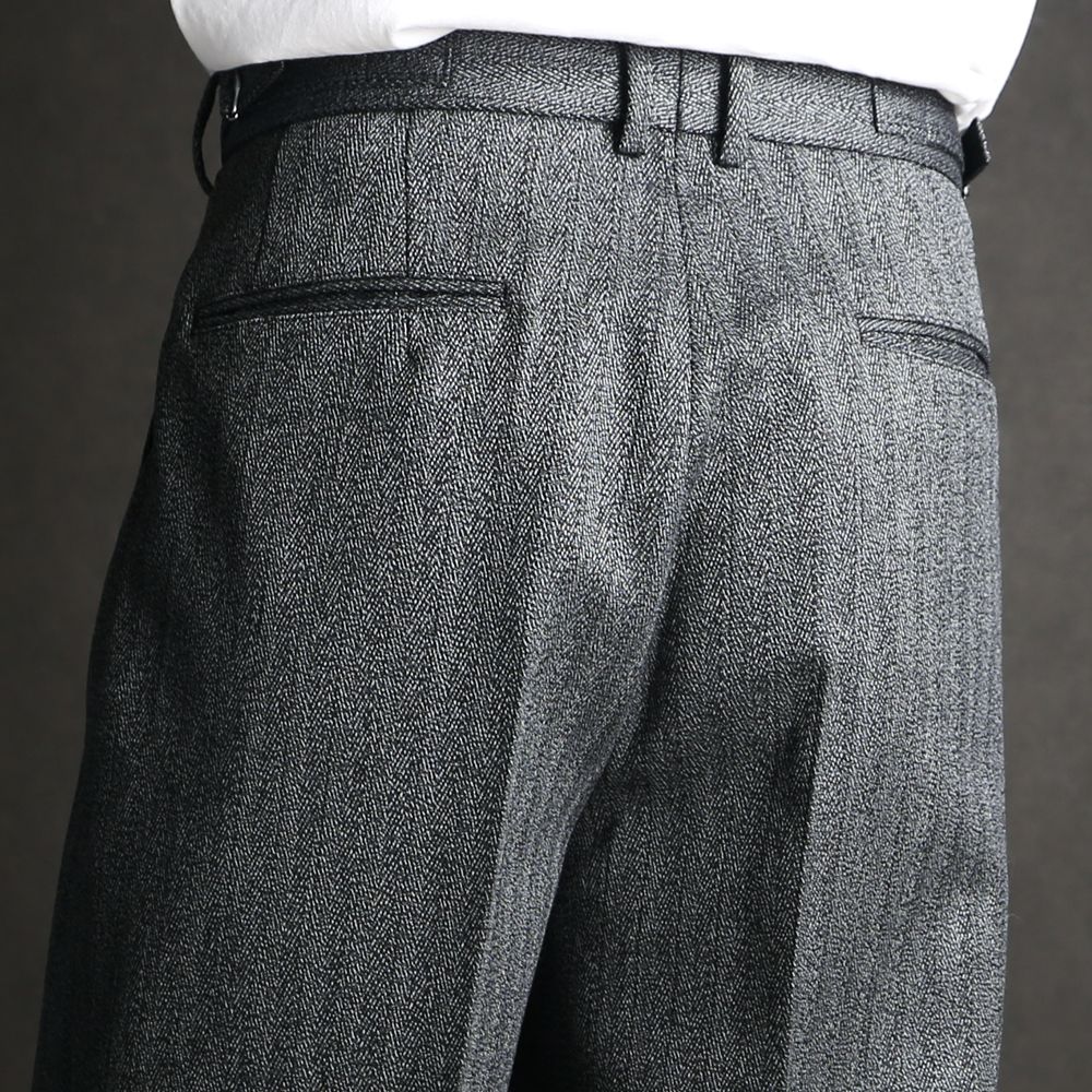 Single Pleat Wide Trousers - Gray / オーガニックウール撚り杢へリンボン - シングルプリーツワイドトラウザーズ / M26C20PT01C