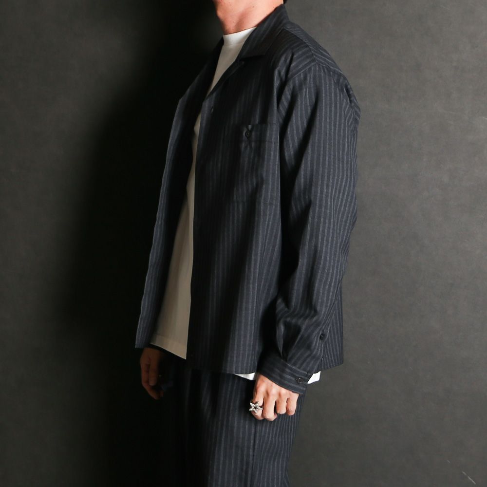 【ラスト1点-サイズ2】DOUBLE POCKET OPEN COLLAR SHIRT - GRAY STRIPE / 2/72 ウールトロピカルワッシャー - ダブルポケット オープンカラーシャツ / M26A11SH01C