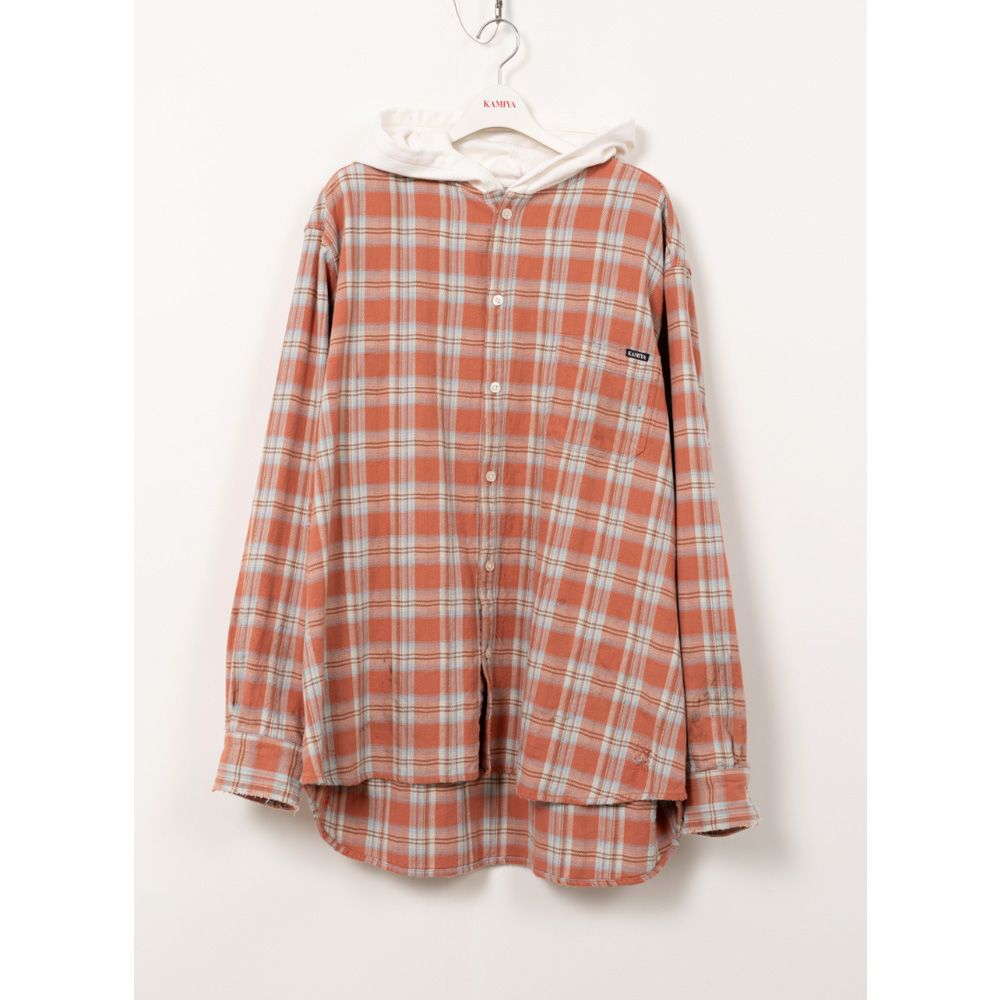 KAMIYA - Distressed Check Shirt Hoodie - RED / フーデッド