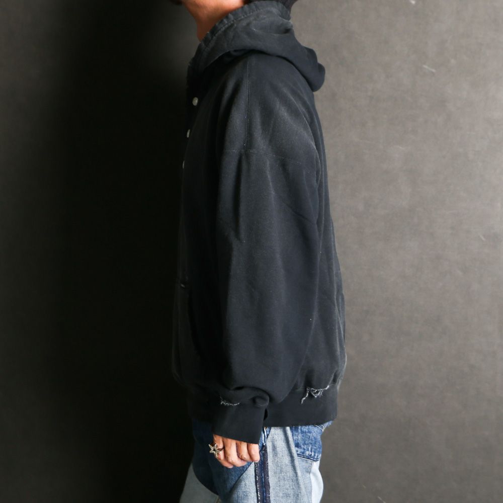 Distressed Henry Neck Hoodie - BLACK / ヘンリーネック フーディー / G15HD077