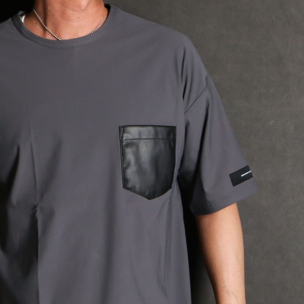 【ラスト1点-サイズ1】leather pocket overnylon T - GREY / エコレザーポケット ルーズTシャツ / RC35-T-005