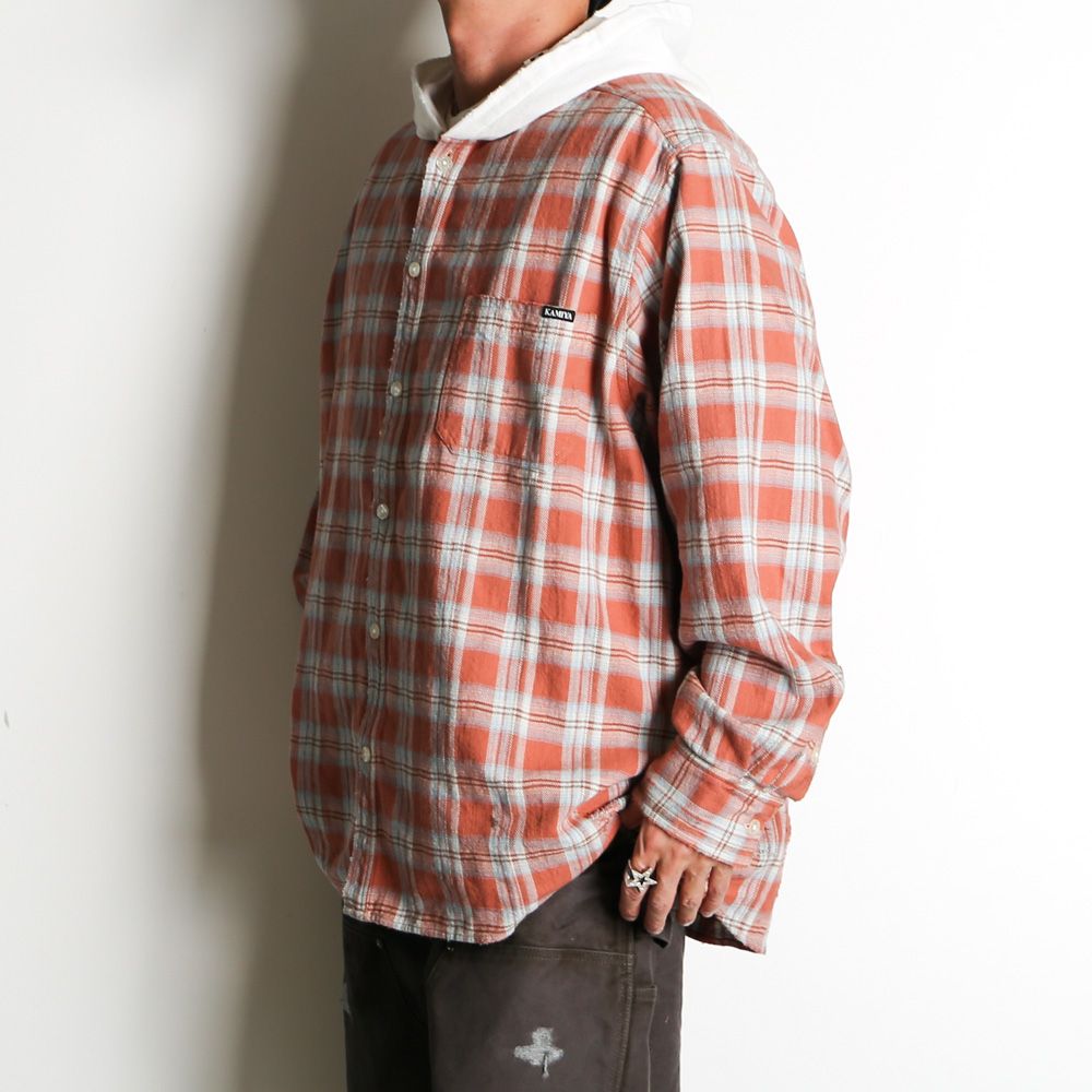 トップス KAMIYA Hooded Check Shirt RED M KAMIYA - Distressed Check Shirt Hoodie - RED / フーデッド