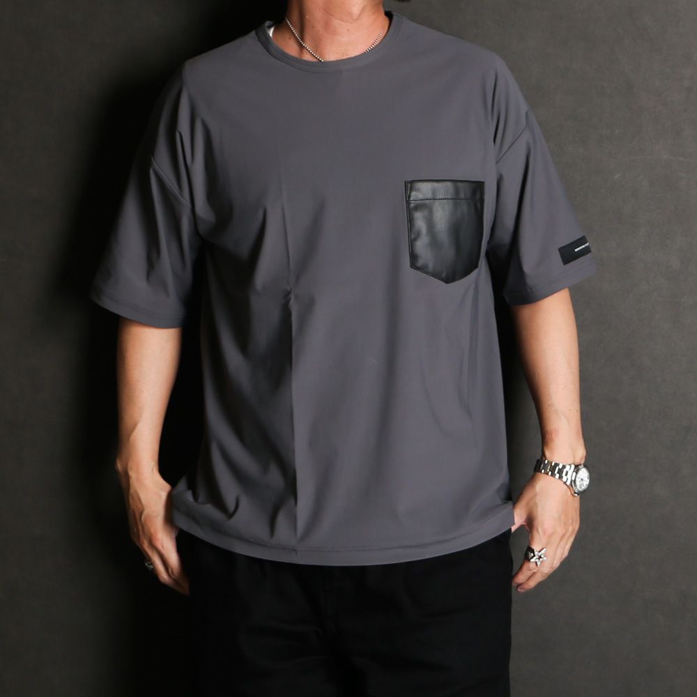 【ラスト1点-サイズ1】leather pocket overnylon T - GREY / エコレザーポケット ルーズTシャツ / RC35-T-005