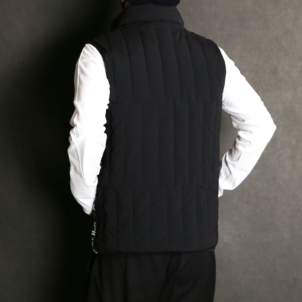 RHINESTONE ZIP SIDELINE LOGO INNER COTTON VEST / ラインストーン サイドロゴ 中綿ハイネックベスト / USO-21071
