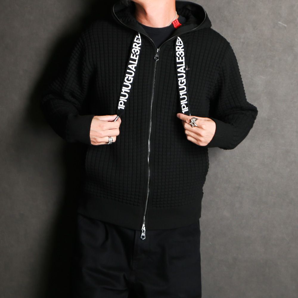 1PIU1UGUALE3 RELAX - POLY WAFFLE HOODIE - BLACK / スピンドルロゴ