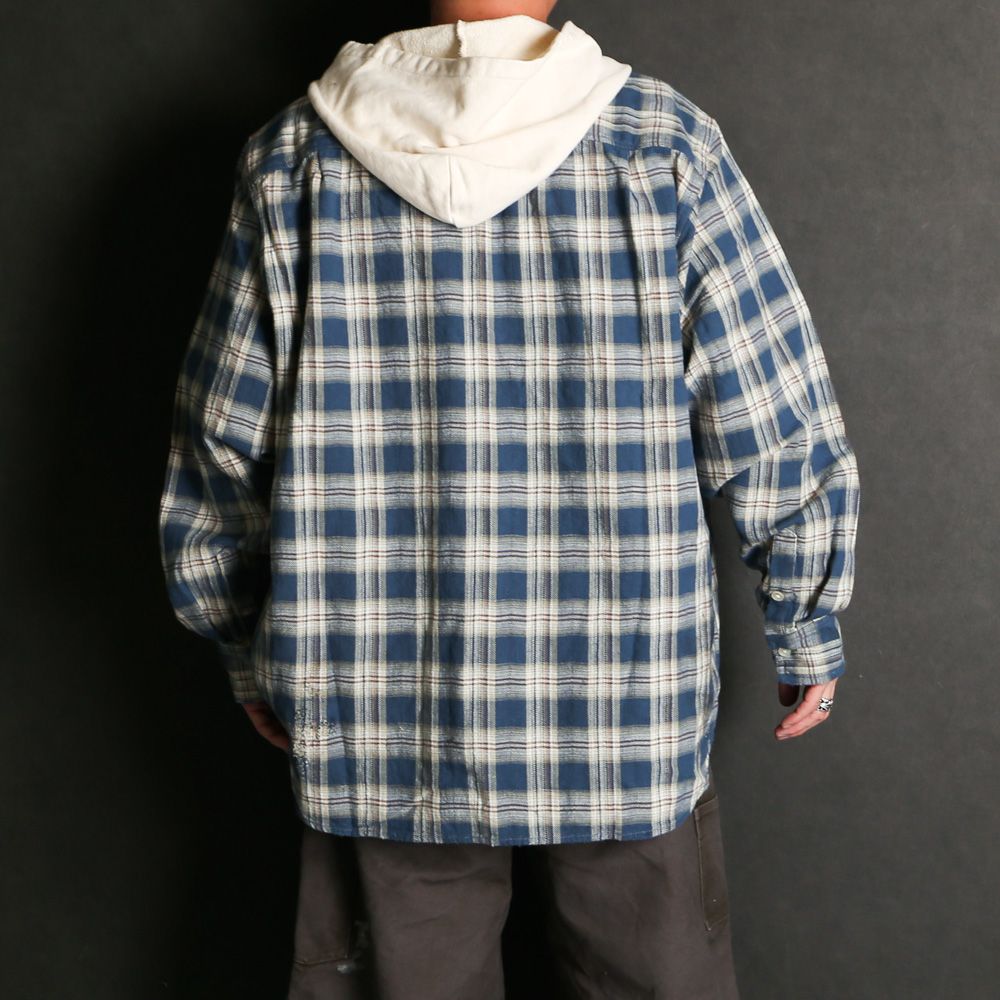 KAMIYA - Distressed Check Shirt Hoodie - RED / フーデッド
